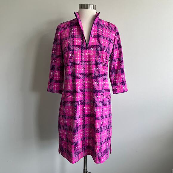 Katherine Way Golf Dress Quarter Zip Pocket Front Pink Navy Cream Plaid XS - Picture 1 of 10